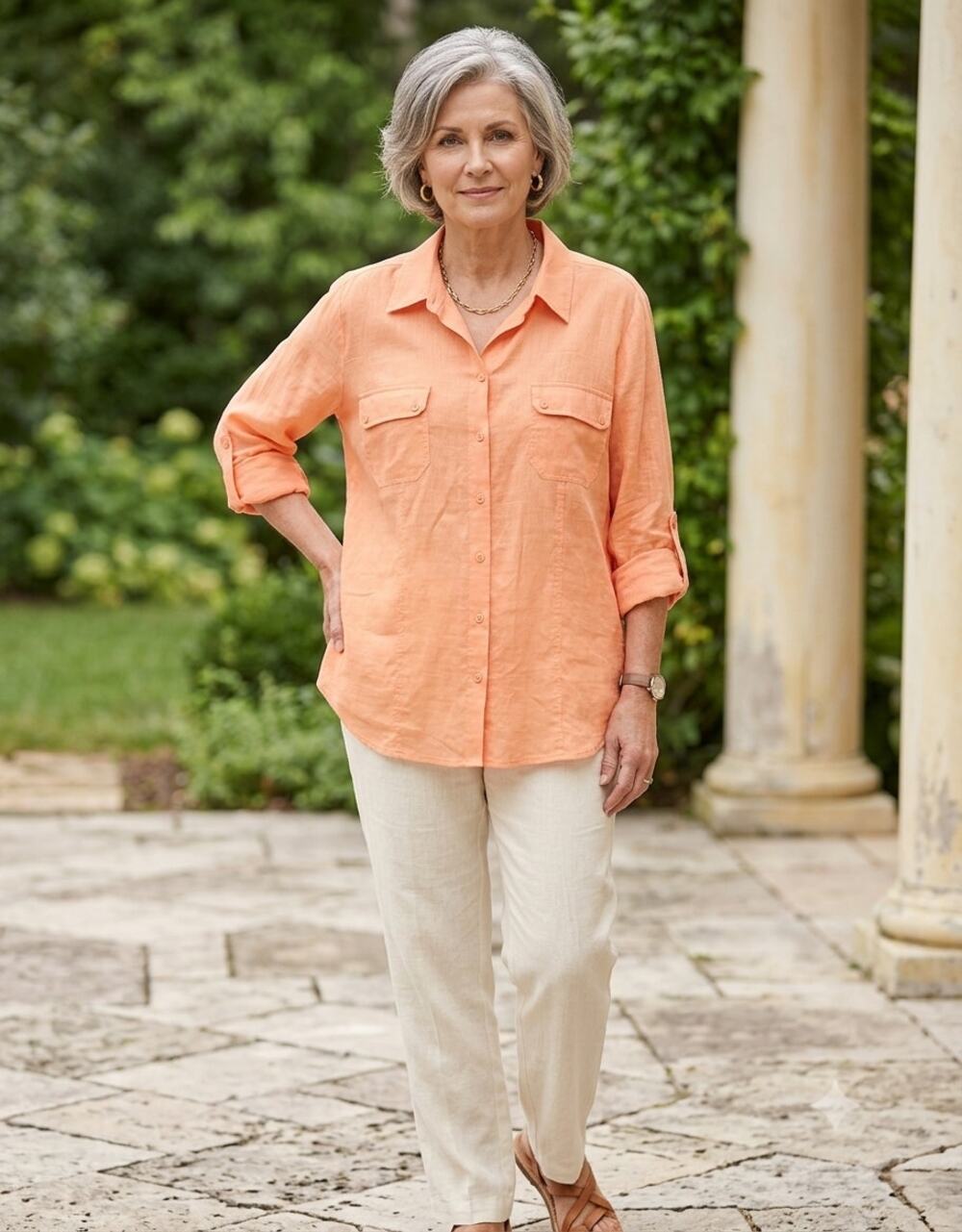 Chico's 3 100% Cotton Button Front Shirt Peach Roll Tab Sleeve Coastal Resort